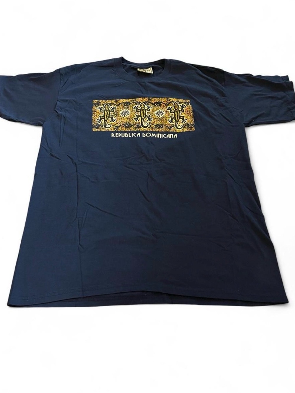 Men’s Vintage 90s Republica Dominica Navy Tribal Print Shirt Size XL